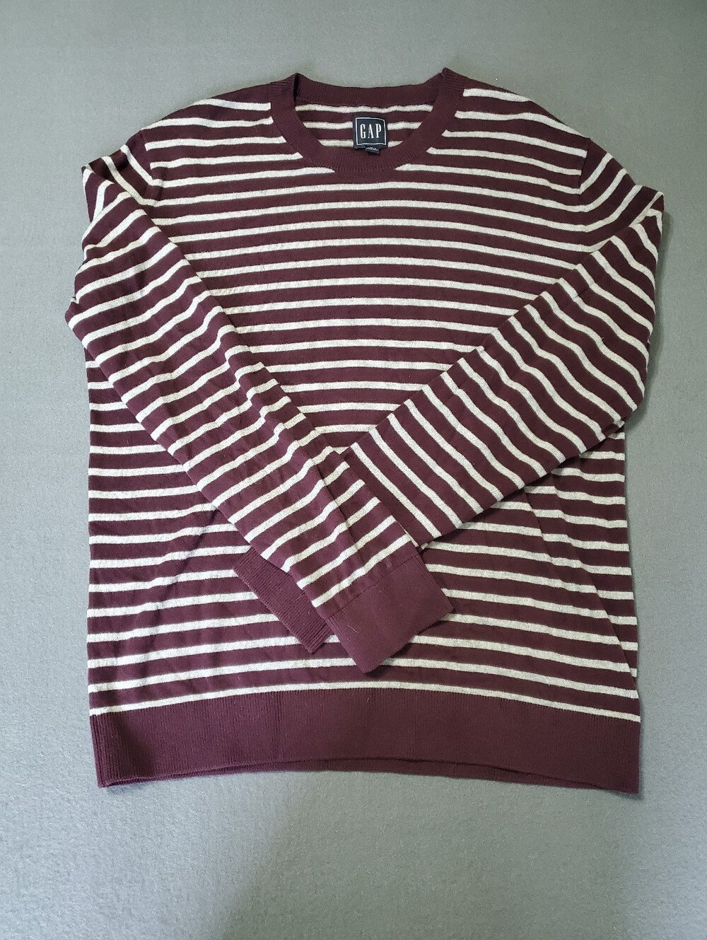 GAP Men’s medium Burgundy and Grey Striped Crewneck Sweater